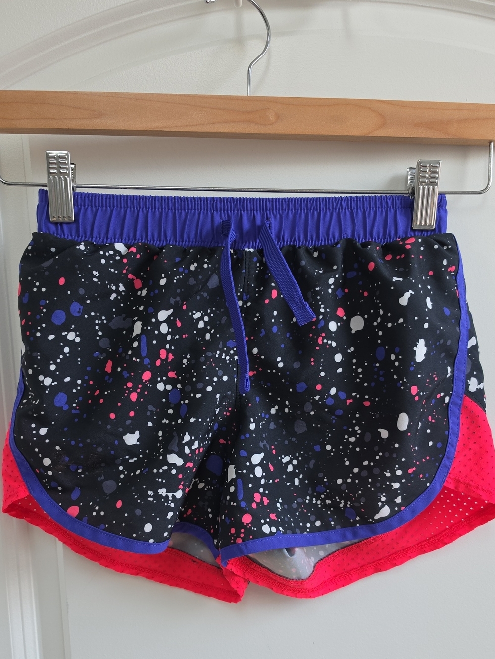 Under Armour Girls Black Splatter Shorts with Purple Waistband and Pink Trim